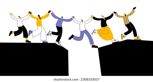 People cross the abyss holding hands. Horizontal vector illustration on the topic of teamwork and mutual support.