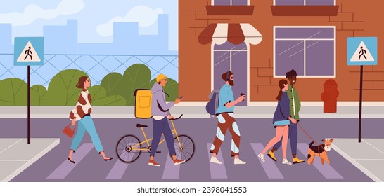 People cross city road concept. Young guys and girls at crosswalk. Pedestrian at urban background. Road traffic and rules. Citizens walk at streets. Cartoon flat vector illustration