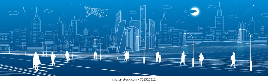 People cross highway. Urban infrastructure panorama, modern city at background, industrial architecture. White lines illustration, vector design art 