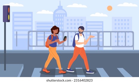 People cross road concept. Man and woman on pedestrian crossing. Urban infrastructure and citizens. Young guy and girl crossing continental crosswalk. Cartoon flat vector illustration
