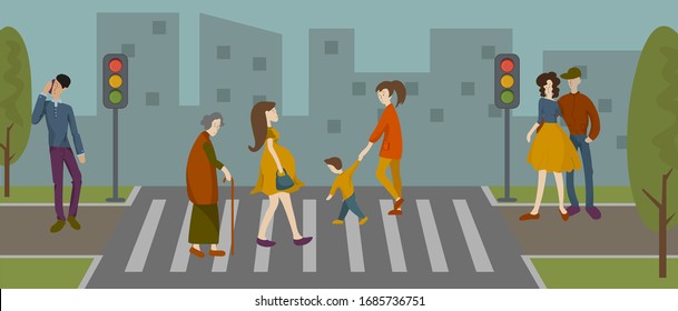 People cross the road flat vector illustration