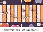 People cross road on crosswalk top view. Crowd of pedestrians walk by street in city. Citizens with kids, pets going through safety zebra during cars stop at traffic light. Flat vector illustration