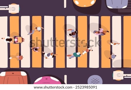 People cross road on crosswalk top view. Crowd of pedestrians walk by street in city. Citizens with kids, pets going through safety zebra during cars stop at traffic light. Flat vector illustration