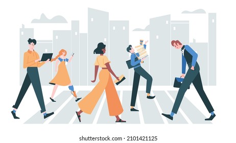 People cross the road on the street in a big city. Characters walking side view. Businessman, office workers, a girl with a bionic leg. Vector flat illustration.