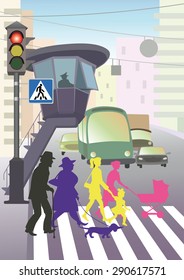 People cross the road at a pedestrian crossing at the traffic lights in the big city.