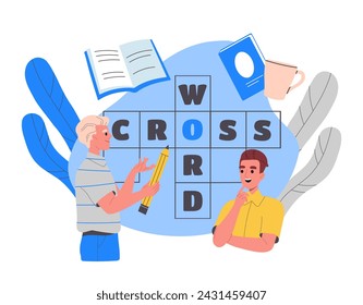 People with cross word. Educational puzzle and riddle. Intellectual game for children. Test of knowledge for kids. Cartoon flat vector illustration isolated on white background