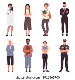 People crossed arms vector illustration set. Cartoon young man woman characters of different profession standing, businessman policeman doctor student athlete crossing hands on chest isolated on white