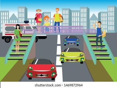 people crossing the bridge at overpass vector illustration
