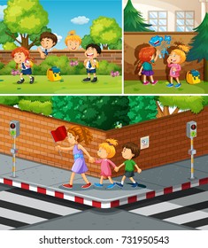 People crossing road and hanging out in park illustration