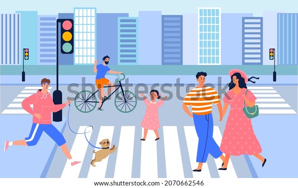 People crossing road. Street with busy\
traffic, pedestrian crossing. Characters goes about its business,\
society. Zebra, urban, city. Green traffic light signal. Cartoon\
flat vector\
illustration