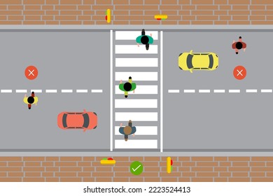 Gente cruzando la carretera en el lado equivocado. reglas de tráfico. transporte. ver ilustración vectorial plana