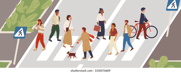 People at crosswalk flat vector illustration. Urban lifestyle concept. Male and female pedestrians crossing city street cartoon characters. Multiethnic community members. Rush hour idea.