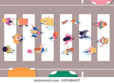 People crosswalk top view. Above walking crowd crossing street road or roadway, overhead busy pedestrians across city highway human silhouette aerial map classy vector illustration of crosswalk top