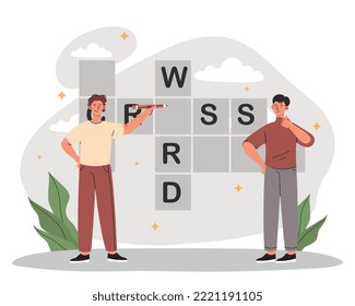 People with crossword. Man and woman fill in empty fields with letters. Riddle and task for erudition, test of knowledge. Entertainment and useful hobby and leisure. Cartoon flat vector illustration