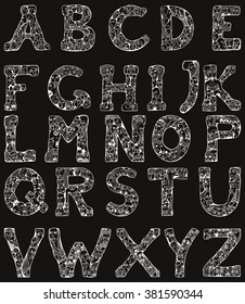 People crowd alphabet vector font. Isolated letters design. Hand drawn vector illustration in cartoon style