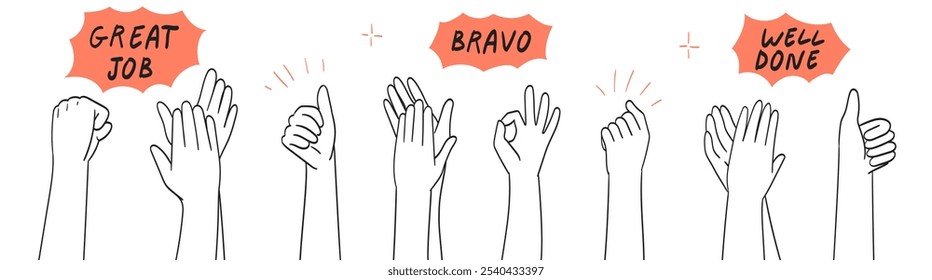 People crowd applaud to congratulate success job. Human hands clapping. Thumbs up. Business team cheering and ovation vector concept. Illustration support celebration, appreciation friendship.