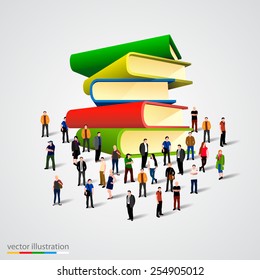 People crowd around book stack. Vector illustration