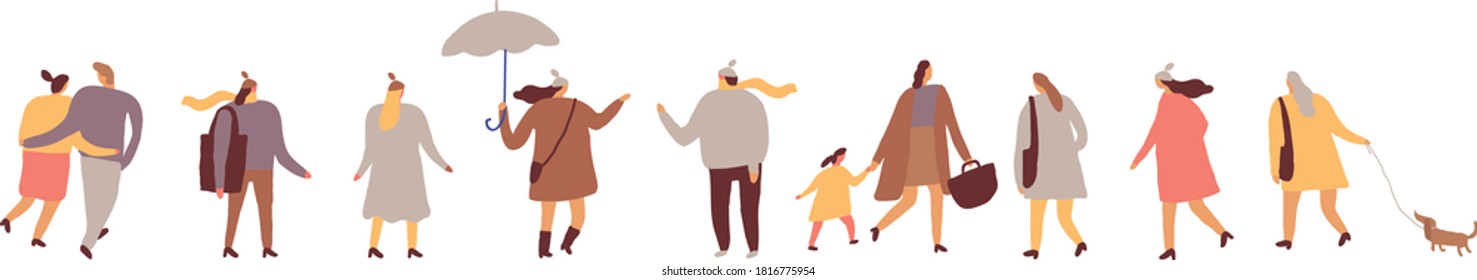 La gente es una multitud. Gente vectorial plana de otoño. Día lluvioso	
