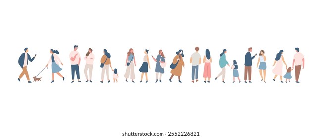 Las Personas se agolpan. Anuncio Horizontal del Vector de las personas del diseño plano del fondo. Hombres y mujeres, padres, niños caminando al aire libre.	