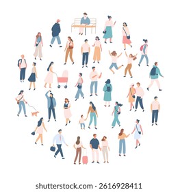 People crowd. Background flat design people vector bundle isolated on white background. Men and women, parents, kids walking outdoor.	