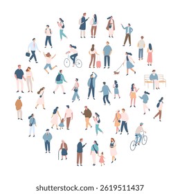 People crowd. Background flat design people vector bundle isolated on white background. Men and women, parents, kids walking outdoor.	