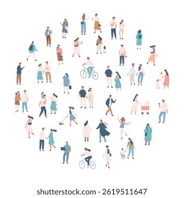 People crowd. Background flat design people vector bundle isolated on white background. Men and women, parents, kids walking outdoor.	