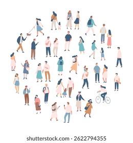 As pessoas se amontoam. Plano de fundo desenho pessoas vetor feixe isolado no fundo branco. Homens e mulheres, pais, crianças andando ao ar livre.	