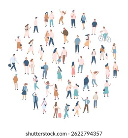 People crowd. Background flat design people vector bundle isolated on white background. Men and women, parents, kids walking outdoor.	