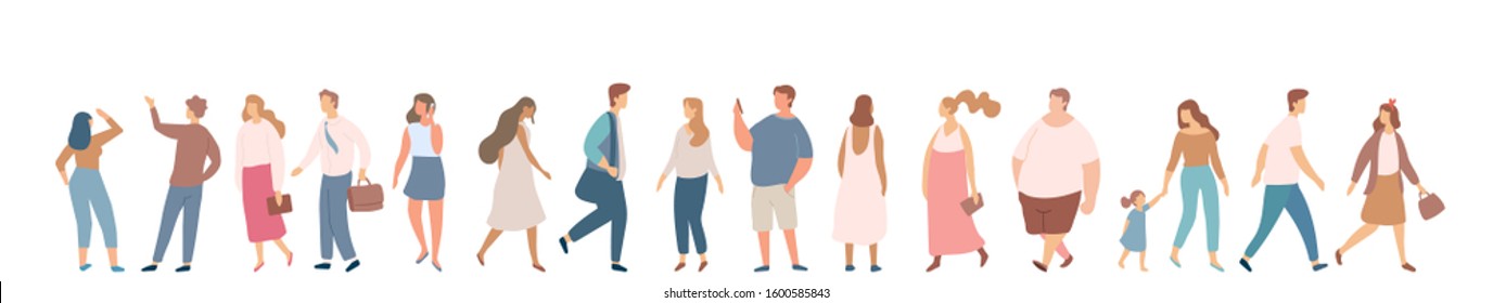 People crowd. Background people vector horizontal banner. Men and women, parents, kids walking outdoor.