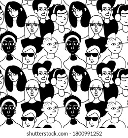 People in crowd. Black and white doodle graphic pattern