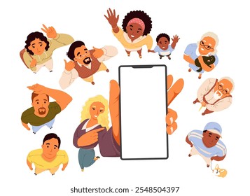 People crowd character looking up showing empty phone screen