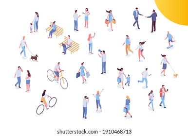 People crowd, city street.Different isomeric people vector set isolated on white. Male and female have outdoor activity. Walking with dog, riding bicycle and skateboard, sitting on bench.	