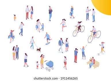 People crowd, city street.Different isomeric people vector set isolated on white. Male and female have outdoor activity. Walking with dog, riding bicycle and skateboard, sitting on bench.	