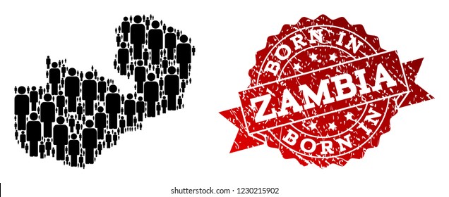 People crowd collage of black population map of Zambia and scratched seal stamp. Vector red watermark with scratched rubber texture has Born In text.