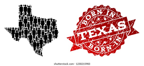 People crowd collage of black population map of Texas State and scratched seal. Vector red watermark with scratched rubber texture has Born In text.