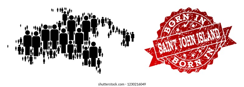 People crowd collage of black population map of Saint John Island and rubber stamp. Vector red watermark with unclean rubber texture has Born In text.