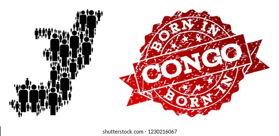 People crowd collage of black population map of Republic of the Congo and rubber seal. Vector red seal with scratched rubber texture has Born In text.