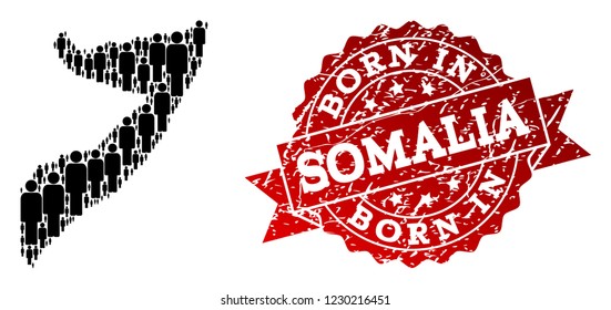 People crowd collage of black population map of Somalia and grunge seal. Vector red seal with grunge rubber texture has Born In text. Mosaic map of Somalia designed with standing persons.