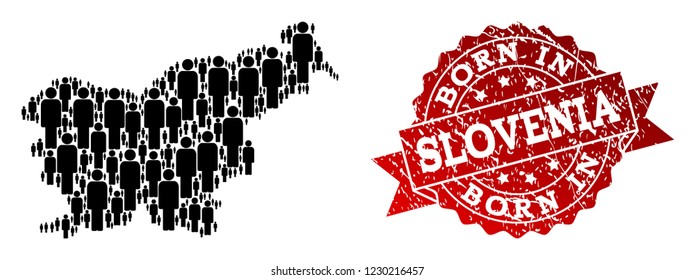 People crowd collage of black population map of Slovenia and unclean seal. Vector red seal with unclean rubber texture has Born In text. Mosaic map of Slovenia constructed with standing persons.