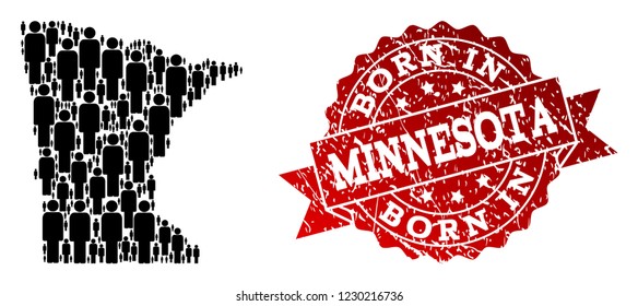 People crowd collage of black population map of Minnesota State and dirty seal. Vector red seal with scratched rubber texture has Born In text.