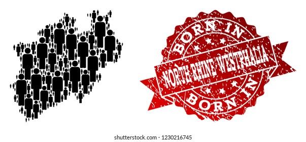 People crowd collage of black population map of North Rhine-Westphalia State and rubber seal stamp. Vector red seal with scratched rubber texture has Born In text.