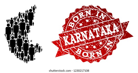 People crowd collage of black population map of Karnataka State and rubber seal. Vector red seal with corroded rubber texture has Born In text.