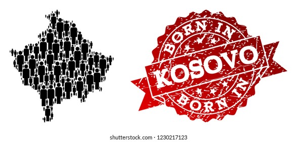 People crowd collage of black population map of Kosovo and scratched seal stamp. Vector red seal with distress rubber texture has Born In text. Mosaic map of Kosovo designed with standing persons.