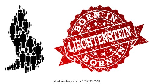 People crowd collage of black population map of Liechtenstein and rubber seal. Vector red watermark with scratched rubber texture has Born In text.