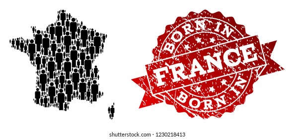 People crowd collage of black population map of France and dirty seal. Vector red seal with corroded rubber texture has Born In text. Mosaic map of France designed with standing persons.