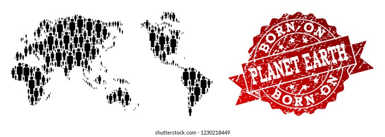 People crowd collage of black population map of Earth and unclean seal stamp. Vector red seal with unclean rubber texture has Born In text. Mosaic map of Earth constructed with standing persons.