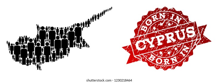 People crowd collage of black population map of Cyprus Island and corroded seal stamp. Vector red imprint with corroded rubber texture has Born In text.