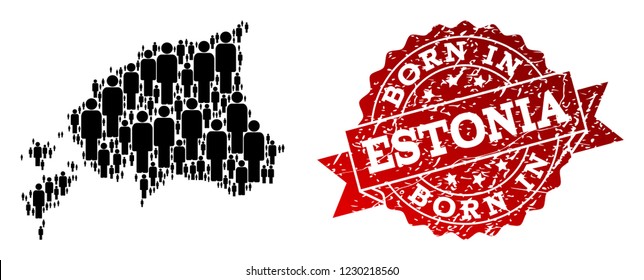 People crowd collage of black population map of Estonia and rubber seal. Vector red seal with distress rubber texture has Born In text. Mosaic map of Estonia constructed with standing persons.