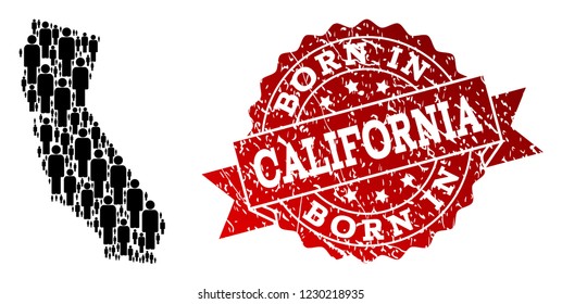 People crowd collage of black population map of California and rubber seal. Vector red seal with scratched rubber texture has Born In text. Mosaic map of California designed with standing persons.