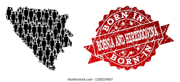 People crowd collage of black population map of Bosnia and Herzegovina and scratched seal stamp. Vector red imprint with scratched rubber texture has Born In text.